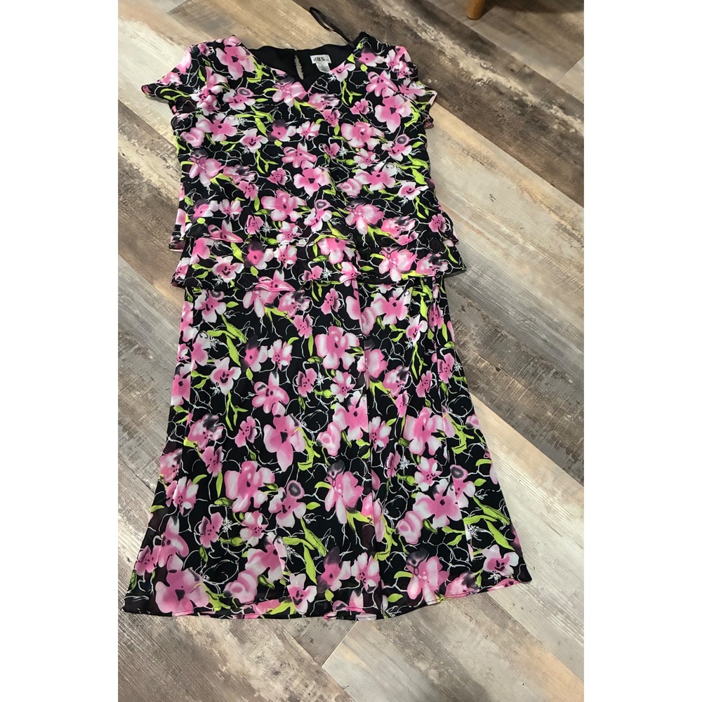 JBS Ltd Womens Pink Floral Tiered Midi Dress Short Sleeve Black Size 10